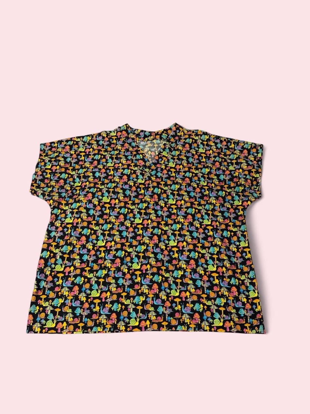 Source Unknown Black Short Sleeve scrub top w/ Colorful Mushroom and snail Print